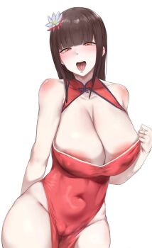 1girl absurdres areola_slip arm_behind_back bad_tag bare_shoulders blunt blunt_bangs blush breasts brown_eyes brown_hair cameltoe china china_dress chinese_clothes chinese_text cleavage cleavage_cutout clothing_cutout covered_erect_nipples covered_navel cowboy_shot dress flower hair_flower hair_ornament highres huge_breasts large_breasts long_hair looking_at_viewer mousekkk open_mouth red_dress simple_background sleeveless sleeveless_dress solo thighs tongue tongue_out white_background