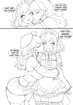 2girls absurdres blush detached_sleeves earrings english_text feather_earrings feathers hat highres hololive hololive_english idolmia indie_virtual_youtuber jewelry kiss kissing_cheek maid maid_headdress mint_fantome mint_fantome_(minto_2.0) monochrome multiple_girls open_mouth takanashi_kiara takanashi_kiara_(1st_costume) thick_thighs thighs virtual_youtuber yuri