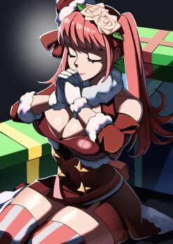 1girl bare_shoulders black_background box breasts ceroccb cleavage closed_eyes dress fire_emblem fire_emblem:_three_houses fire_emblem_heroes flower fur-trimmed_gloves fur-trimmed_sleeves fur_trim gift gift_box gloves highres hilda_valentine_goneril hilda_valentine_goneril_(winter) large_breasts nintendo official_alternate_costume pink_flower pink_hair pink_rose pink_thighhighs rose short_dress shoujo_kitou-chuu solo striped_clothes striped_thighhighs thick_thighs thighhighs thighs twintails vertical-striped_clothes vertical-striped_thighhighs white_gloves white_thighhighs zettai_ryouiki