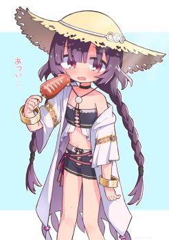 1girl bangle black_choker black_shorts black_tube_top blue_background blush bracelet braid brown_hair choker coat collarbone commentary_request feet_out_of_frame food hat highres holding holding_food hot jewelry kirara_fantasia letterboxed long_hair long_sleeves looking_at_viewer midriff navel off_shoulder open_clothes open_coat open_mouth outline outside_border red_eyes richard_(richaball) short_shorts shorts single_bare_shoulder solo standing strapless straw_hat sumeragi_utsutsu sweat translation_request tube_top twin_braids white_outline wide_sleeves yellow_hat