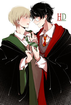 2boys adam's_apple black_hair black_robe blonde_hair blue_eyes collar draco_malfoy face-to-face glasses green_eyes grin gryffindor harry_potter harry_potter_(series) hogwarts_school_uniform looking_at_another male_focus messy_hair multiple_boys narrowed_eyes necktie parted_lips profile pubupu11 robe school_uniform shirt short_hair slytherin smile striped_necktie sweat sweatdrop teeth white_shirt wing_collar wizarding_world yaoi