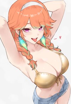 1girl absurdres alternate_costume armpits arms_behind_head arms_up bikini bikini_top_only blue_shorts bluefield braid breasts cleavage commentary denim denim_shorts front-tie_bikini_top front-tie_top gold_bikini golden_week gradient_hair green_hair hair_over_shoulder hairband highres hololive hololive_english large_breasts long_hair looking_at_viewer low_twin_braids multicolored_hair navel official_alternate_hairstyle open_fly open_mouth orange_hair pink_eyes presenting_armpit purple_eyes red_hair short_shorts shorts simple_background solo swimsuit takanashi_kiara tongue tongue_out twin_braids virtual_youtuber white_background white_hairband