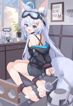 1girl :d ^^^ absurdres ahoge animal_ear_fluff animal_ears bare_legs barefoot black_jacket black_shirt black_shorts blue_eyes blue_hair bound bound_ankles bound_wrists breasts character_doll chinese_commentary commentary_request criss-cross_back-straps doll eugenecolin fang feet fox_ears fox_girl fox_tail full_body goggles goggles_on_head hair_ornament highres hood hood_down hooded_jacket indoors jacket large_variant_set legs long_hair long_sleeves looking_at_viewer looking_back open_mouth original plant potted_plant puffy_long_sleeves puffy_sleeves revision shirt short_shorts shorts skin_fang sleeveless sleeveless_shirt small_breasts smile soles solo tail tearing_up tears tickling tickling_feet toes triangle_hair_ornament variant_set very_long_hair window yukino_shigure