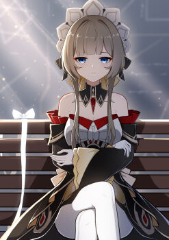 1girl absurdres bare_shoulders black_dress blue_eyes breasts brown_hair chair cleavage closed_mouth crossed_arms crossed_legs detached_collar dress genshin_impact gloves highres long_hair long_sleeves looking_at_viewer medium_breasts mxirony on_chair pantyhose sandrone_(genshin_impact) sitting solo strapless strapless_dress white_gloves white_pantyhose wide_sleeves