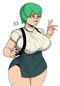 1girl alternate_costume breasts dorkbum foo_fighters_(jojo) green_hair highres huge_breasts jojo_no_kimyou_na_bouken large_breasts short_hair smile solo stone_ocean thick_thighs thighs
