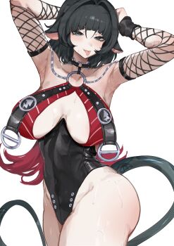 1girl absurdres animal_ears armpits arms_up ass black_hair black_one-piece_swimsuit blue_eyes breast_curtains breasts choker cleavage collarbone commentary cowboy_shot earrings english_commentary fishnet_sleeves fishnets grey_tail hair_intakes half-closed_eyes highres jane_doe_(nocturne_of_light)_(zenless_zone_zero) jane_doe_(zenless_zone_zero) jewelry large_breasts leather_leotard long_hair long_tail looking_at_viewer mouse_ears mouse_girl mouse_tail multicolored_hair notched_ear o-ring o-ring_choker o-ring_swimsuit official_alternate_costume one-piece_swimsuit quadzlnw red_hair red_one-piece_swimsuit simple_background solo sweat swimsuit tail tongue tongue_out two-tone_one-piece_swimsuit very_sweaty white_background zenless_zone_zero