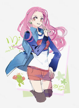 Rule 34 | 1girl, blue jacket, character name, chibi, chibi inset, copyright name, digimon, digimon adventure -beyond-, jacket, lanlllan, parted lips, pink hair, red shorts, shirt, shorts, simple background, sketch, smile, solo, tachikawa mimi, togemon, white background, white shirt