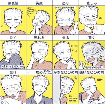 1boy aged_up anger_vein angry annoyed bart_simpson blush chawako_(spchawanmushi) closed_eyes colored_skin crying crying_with_eyes_open day evil_grin evil_smile excited grin highres the_simpsons looking_at_another musical_note open_mouth peeking pleading_eyes puckered_lips report_card scared screaming shouting smile studying sweater tears the_itchy_and_scratchy_show the_simpsons tsundere whistling yellow_skin