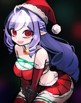1girl ahoge alternate_costume bare_shoulders bell black_background blush breasts cleavage collarbone commentary cowboy_shot crop_top dress drill_hair drill_sidelocks english_commentary frilled_skirt frills fur-trimmed_tube_top fur_trim green_ribbon hat highres large_breasts long_hair makaroll midriff navel neck_bell open_mouth pointy_ears pom_pom_(clothes) purple_hair red_eyes red_skirt red_thighhighs red_tube_top restrained ribbon santa_costume santa_dress santa_hat sidelocks skirt solo strapless sweat thighhighs tube_top vivian_banshee zenless_zone_zero
