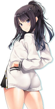 10s 1girl black_hair black_skirt blue_eyes blush cardigan commentary_request cosplay cowboy_shot female_focus from_behind gridman_universe hair_ornament hands_in_pockets highres idolmaster idolmaster_shiny_colors inuzumi_masaki kazano_hiori long_hair long_sleeves looking_at_viewer microskirt miniskirt mole mole_under_mouth pleated_skirt ponytail school_uniform shirt simple_background skirt solo ssss.gridman standing takarada_rikka takarada_rikka_(cosplay) thighs twisted_neck white_cardigan white_shirt