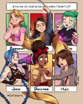 amity_blight animal animal_on_head arcane:_league_of_legends arcane_jinx arm_tattoo blonde_hair blue_eyes blue_hair bow braid breasts brown_eyes brown_hair child choker claws cleavage clenched_teeth cloud_tattoo crossover cutting_hair dark-skinned_female dark_skin dolores_madrigal encanto english_text fingerless_gloves frog gloves green_eyes grey_hoodie grin hairband highres holding holding_megaphone hood hoodie jinx_(league_of_legends) laura_kinney league_of_legends life_is_strange_(series) life_is_strange_1 logan_(movie) long_hair low_twin_braids magic marvel max_caulfield medium_breasts megaphone midriff multiple_crossover multiple_drawing_challenge navel on_head pointy_ears ponytail rapunzel_(disney) red_bow red_choker red_hairband red_lips short_hair short_ponytail sideboob signature six_fanarts_challenge small_breasts smile stomach_tattoo talt_lo tangled tattoo teeth the_owl_house twin_braids very_long_hair x-men x-men_film_series yellow_eyes