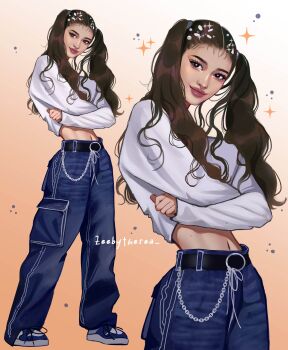 1girl aegyo_sal air_jordan artist_name asian baggy_pants belt black_belt black_eyes bright_pupils brown_hair capri_pants chain_belt clenched_hands closed_mouth cowboy_shot cropped_shirt crossed_arms danielle_(newjeans) denim double_vertical_stripe forehead four-pointed_star full_body gradient_background hair_over_shoulder highres jeans k-pop looking_ahead midriff multiple_views navel newjeans orange_background pants pearl_hair_ornament realistic shirt sleeves_past_wrists smile striped_clothes striped_pants thick_eyebrows thick_lips twintails two-tone_background vertical-striped_clothes vertical-striped_pants wavy_hair white_background white_pupils white_shirt zeebythesea
