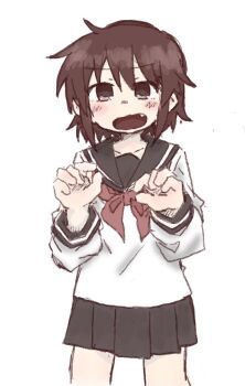 1girl black_sailor_collar black_skirt blush brown_eyes brown_hair claw_pose collarbone cowboy_shot fang female_focus flat_chest hands_up highres kude_rei_(ponnu_(tnpn2yw)) long_sleeves matching_hair/eyes miniskirt neckerchief open_mouth original pleated_skirt ponnu_(tnpn2yw) red_neckerchief sailor_collar school_uniform serafuku shirt short_hair simple_background skirt solo white_background white_shirt