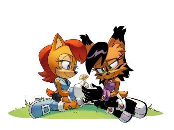 2girls animal_ears bad_id bad_tumblr_id black_gloves black_hair black_shorts blue_boots blue_eyes boots brown_fur brown_hair chipmunk_ears chipmunk_girl commentary commission english_commentary furry furry_female gloves grass green_eyes highres multiple_girls nicole_(sonic) nicole_the_holo-lynx sally_acorn short_shorts shorts simple_background sonic_(series) sonic_the_hedgehog_(archie_comics) starrjoy tail white_background white_gloves