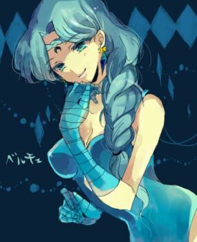Rule 34 | 1990s (style), 1girl, bad id, bad pixiv id, beruche (sailor moon), bishoujo senshi sailor moon, bishoujo senshi sailor moon r, black moon clan, blue background, blue eyes, blue gloves, blue hair, braid, braided bangs, braided ponytail, character name, colored eyelashes, crescent, crescent facial mark, facial mark, female focus, forehead mark, gloves, hair over shoulder, itsuki noki, leotard, long hair, matching hair/eyes, retro artstyle, smile, solo