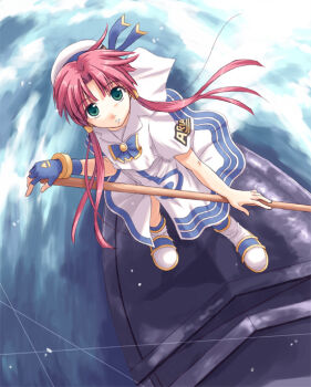 00s aria_(manga) blouse fingerless_gloves gloves green_eyes hat long_hair looking_up mizunashi_akari pink_hair pole ribbon shirt short_hair_with_long_locks solo white_shirt yakka