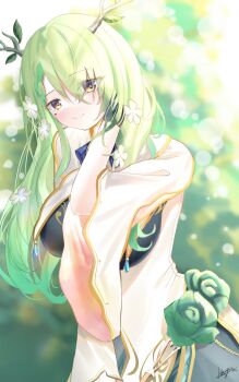 1girl antlers blurry blurry_background braid breasts ceres_fauna ceres_fauna_(1st_costume) closed_mouth commentary_request dress flower green_flower green_hair hair_between_eyes hair_flower hair_ornament highres hololive hololive_english horns large_breasts leaf long_hair looking_at_viewer megumi_kei mole mole_under_eye signature smile solo virtual_youtuber white_flower yellow_eyes