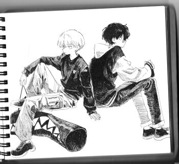 2boys black_shirt black_shoes cargo_pants eve_(musician) fuchi_sunao greyscale highres hood hood_down hooded_jacket jacket long_sleeves monochrome multiple_boys otogiri_tobi pants shirt shoes sitting sneakers traditional_media yasui_marie