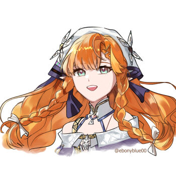 1girl absurdres aqua_eyes bare_shoulders braid commentary cropped_torso ebonyblue00 highres long_hair looking_at_viewer open_mouth orange_hair pointy_ears sidelocks sigrika_(wuthering_waves) simple_background smile solo twin_braids twitter_username white_background wuthering_waves