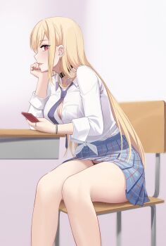 1girl absurdres barbell_piercing black_choker black_panties blonde_hair blue_necktie blue_skirt bracelet breasts chair choker classroom cleavage collared_shirt commentary desk ear_piercing earrings fake_nails feet_out_of_frame from_side gyaru head_rest highres holding holding_phone indoors jewelry kitagawa_marin large_breasts lips long_hair miniskirt necktie on_chair panties pantyshot parted_lips partially_unbuttoned phone piercing pink_eyes pink_nails plaid_clothes plaid_skirt pleated_skirt profile ring school_chair school_desk school_uniform shirt sitting skirt solo sono_bisque_doll_wa_koi_wo_suru summer_uniform thighs tied_shirt underwear very_long_hair white_shirt yizhirenben