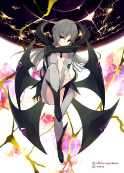 1girl breasts cleavage closed_mouth copyright_notice demon_girl demon_wings hanare_(wixoss) leotard looking_at_viewer low_wings multiple_wings official_art sasamori_tomoe solo white_leotard wings wixoss