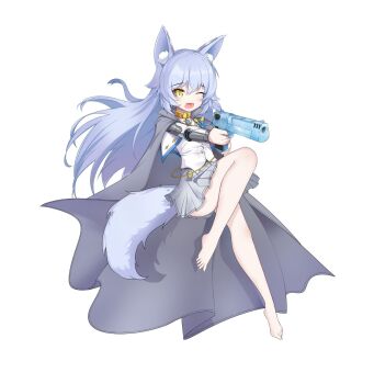 1girl animal_ear_fluff animal_ears bare_legs barefoot cape cloak commentary_request fang feet fox_ears fox_girl full_body grey_skirt gun highres holding holding_gun holding_weapon loli long_hair looking_at_viewer one_eye_closed open_mouth original pleated_skirt shirt simple_background skirt smile solo tail toes user_dpku3522 weapon white_background white_shirt wolf yellow_eyes