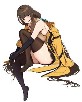 1girl 3_small_spiders absurdres black_gloves black_skirt blush brown_hair brown_sweater commentary_request full_body girls'_frontline girls'_frontline_2:_exilium gloves heterochromia highres jacket long_hair looking_at_viewer multicolored_hair open_clothes open_jacket open_mouth partially_fingerless_gloves pleated_skirt red_eyes ro635_(girls'_frontline) robella_(girls'_frontline_2) simple_background skindentation skirt sleeveless sleeveless_sweater smile solo streaked_hair sweater two-tone_hair white_background white_hair yellow_eyes yellow_jacket