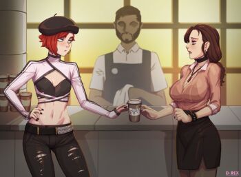 1boy 2girls beard belt black_belt black_choker black_nails black_skirt breasts brown_hair choker cleavage collarbone commission cowboy_shot d-rex earrings eye_contact facial_hair jewelry large_breasts looking_at_another multiple_girls nail_polish navel necklace original pants red_hair short_hair short_sleeves skirt sleeves_past_wrists small_breasts stomach torn_clothes torn_pants waiter