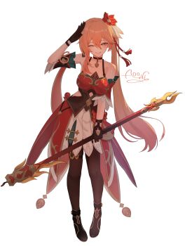 1girl absurdres aooni_09 bare_shoulders black_boots black_choker black_gloves boots choker commentary_request dress flower gloves grin guinaifen_(honkai:_star_rail) hair_between_eyes hair_flower hair_ornament highres holding honkai:_star_rail honkai_(series) long_hair one_eye_closed orange_eyes orange_hair pantyhose partially_fingerless_gloves red_dress side_ponytail signature simple_background smile solo symbol-shaped_pupils v very_long_hair white_background