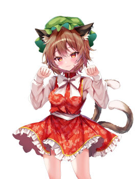 1girl :3 animal_ears blush bow breasts brown_hair cat_ears cat_girl cat_tail chen closed_mouth commentary_request dress frilled_dress frills green_hat hair_between_eyes hat highres long_sleeves looking_at_viewer medium_breasts mob_cap multiple_tails nenobi_(nenorium) paw_pose puffy_long_sleeves puffy_sleeves red_dress red_eyes shirt simple_background sleeveless sleeveless_dress solo standing tail touhou two_tails white_background white_bow white_shirt