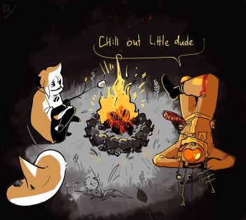 2others arms_behind_head black_gloves boots brown_pants campfire commentary covered_face crossed_legs crossover dragonymango english_commentary english_text food gloves grey_background hat hatchling_(outer_wilds) hearthian helmet highres holding holding_stick in_stars_and_time large_hat looking_at_object lying marshmallow multiple_others on_back other_focus outdoors outer_wilds pants roasted_marshmallow roasting robe scarf siffrin_(in_stars_and_time) signature sitting space_helmet spacesuit speech_bubble stick tube wizard_hat yellow_scarf