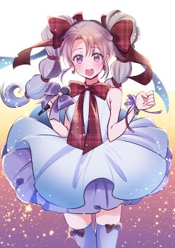 1girl absurdres alternate_costume azusa_(azchemist63) bow bowtie breasts commentary_request dress fire_emblem fire_emblem:_genealogy_of_the_holy_war hair_bow highres holding holding_microphone idol long_hair looking_at_viewer microphone nintendo open_mouth purple_eyes purple_hair purple_thighhighs red_bow red_bowtie skindentation small_breasts smile solo thighhighs thighs tine_(fire_emblem) twintails