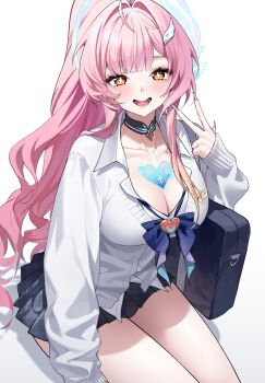 Rule 34 | 1girl, absurdres, aemeath (wuthering waves), alternate costume, ayoni 623, bag, blue nails, blush, breasts, cardigan, cleavage, collarbone, commentary, gradient nails, grey skirt, hair intakes, hair ornament, hand up, highres, large breasts, long hair, long sleeves, looking at viewer, miniskirt, nail polish, open mouth, orange eyes, pink hair, pink nails, school bag, simple background, skirt, smile, solo, star-shaped pupils, star (symbol), symbol-shaped pupils, tacet mark (wuthering waves), untranslatable commentary, very long fingernails, w, white background, white cardigan, wuthering waves