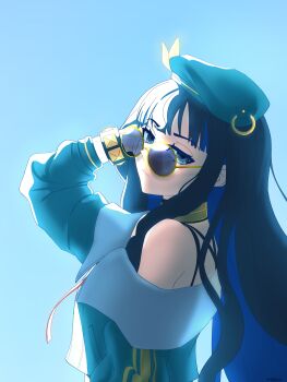 1girl absurdres bare_shoulders beret black_hair blue_hair bracelet breasts colored_inner_hair dantonphanton eyeliner fate/grand_order fate_(series) green_hat green_jacket grey_eyes hat highres jacket jewelry long_hair long_sleeves looking_at_viewer makeup medium_breasts multicolored_hair neck_ring o-ring off_shoulder round_eyewear sidelocks solo sunglasses tenochtitlan_(fate) tenochtitlan_(second_ascension)_(fate)