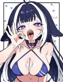 1girl ai-assisted artist_name asami-chan bikini black_hair blue_bikini breasts cleavage commentary fellatio_gesture highres indie_virtual_youtuber large_breasts looking_at_viewer multicolored_hair open_mouth saliva shylily solo swimsuit third-party_edit tongue tongue_out two-tone_hair upper_body virtual_youtuber white_hair