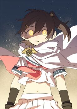 1girl badge bright_pupils brown_hair cape crop_top d.y.x. glowing glowing_eyes hair_between_eyes hair_ornament hairclip idol_heroes_(idolmaster) idolmaster idolmaster_million_live! kasuga_mirai looking_at_viewer medium_hair midriff mighty_sailor navel neckerchief one_side_up open_mouth pleated_skirt red_neckerchief sailor_collar sailor_shirt shirt short_sleeves skirt solo star_(sky) star_(symbol) star_hair_ornament starry_background upper_body white_cape white_shirt white_skirt wind yellow_eyes