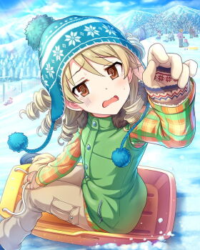 @_@ beanie brown_eyes brown_hair buttons card_(medium) cloud game_asset gloves hat idolmaster idolmaster_cinderella_girls morikubo_nono mountainous_horizon official_art open_mouth pants ringlets sitting sled snow tree zipper