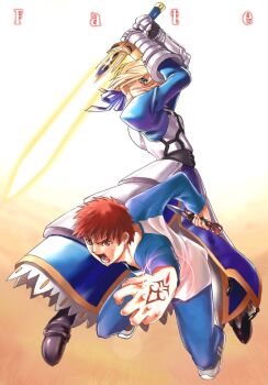 1boy 1girl armor armored_dress artoria_pendragon_(fate) azoth_knife blonde_hair blue_ribbon boots command_spell commentary_request copyright_name dagger dress emiya_shirou excalibur_(fate/stay_night) fate/stay_night fate_(series) full_body gauntlets glowing glowing_sword glowing_weapon green_eyes grey_shoes hair_ribbon holding holding_dagger holding_knife holding_sword holding_weapon knife long_sleeves open_mouth raglan_sleeves red_eyes red_hair ribbon saber_(fate) shoes short_hair sword takenoko_seijin weapon