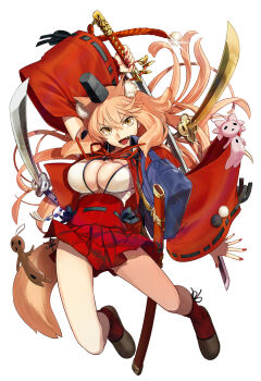 1girl animal_ear_fluff animal_ears breasts commentary_request daitouren_(fate) fate/grand_order fate_(series) fox_ears fox_tail hat highres holding holding_sword holding_weapon japanese_clothes katana kenmyouren_(fate) long_hair looking_at_viewer official_artist_extra red_socks shoutouren_(fate) smile socks solo suzuka_gozen_(fate) suzuka_gozen_(second_ascension)_(fate) sword tail takenoko_seijin tate_eboshi weapon wide_sleeves yellow_eyes