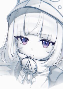 Rule 34 | 1girl, blue jacket, closed mouth, commentary request, eyelashes, grey hat, grey jacket, hat, jacket, long hair, looking at viewer, norma (zenless zone zero), nose, o eeee o, purple eyes, shako cap, simple background, solo, white background, zenless zone zero