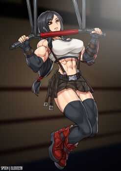 Rule 34 | 1girl, abs, black hair, black skirt, boots, breasts, commission, commissioner upload, crop top, elbow gloves, exercising, final fantasy, final fantasy vii, final fantasy vii remake, fingerless gloves, gloves, hanging, highres, horizontal bar, large breasts, long hair, low-tied long hair, midriff, miniskirt, muscular, muscular female, pullups, red boots, red eyes, skirt, solo, speh, square enix, suspender skirt, suspenders, tank top, tifa lockhart, vambraces