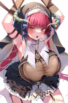 1girl absurdres armpits arms_up black_coif black_dress black_gloves black_veil blunt_bangs blush bodystocking breasts commentary_request dress frilled_dress frills gloves guimpe hair_ribbon heterochromia highres hinoki_kahun0 hololive horn_ornament horn_ribbon horns houshou_marine houshou_marine_(ahoy!!_you&#039;re_all_pirates) kneeling large_breasts layered_skirt long_hair looking_at_viewer no_shoes nun official_alternate_costume official_alternate_hairstyle open_mouth red_eyes red_hair restrained ribbon short_dress skirt solo thighhighs veil very_long_hair virtual_youtuber white_ribbon white_thighhighs yellow_eyes