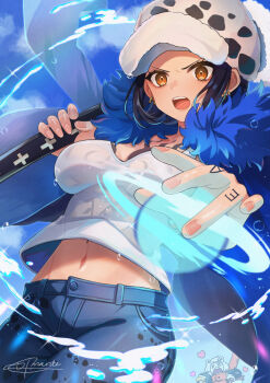 arm_tattoo canon_genderswap cape chest_tattoo denim facial_hair feather_coat finger_tattoo fur_cape fur_hat genderswap genderswap_(mtf) goatee hachimitsu_monte hand_tattoo hat leopard_print jeans one_piece panther_print pants tattoo trafalgar_law trafalgar_law_(female)
