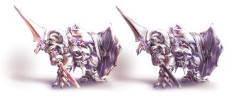 armor commentary_request fantasy holding holding_weapon knight mecha original robot sachito shadow shield simple_background weapon white_background