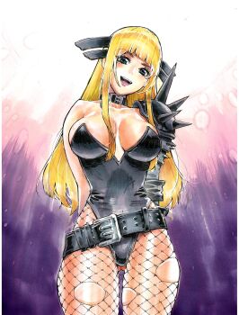 arms_behind_back belt black_leotard blonde_hair blue_eyes breasts cleavage cropped_legs fishnets head_tilt highres large_breasts leotard long_hair looking_at_viewer magik_(x-men) marvel open_mouth rodrigo_yoshimiya strapless