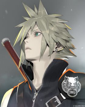 1boy aqua_eyes armor black_vest blonde_hair closed_mouth cloud_strife earrings fenrir_(final_fantasy) final_fantasy final_fantasy_vii final_fantasy_vii_advent_children fusion_swords grey_background hair_between_eyes highres jewelry kobayashi_gen male_focus pauldrons popped_collar short_hair shoulder_armor single_bare_shoulder single_earring single_pauldron single_sleeve solo spiked_hair sword sword_on_back upper_body vest weapon weapon_on_back zipper_pull_tab