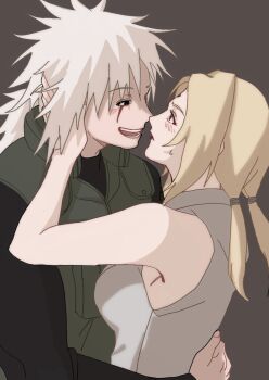 Rule 34 | 1boy, 1girl, blonde hair, commentary request, eye contact, face-to-face, facial mark, flak jacket, forehead mark, green jacket, grey kimono, highres, hug, jacket, japanese clothes, jiraiya (naruto), kimono, konohagakure shinobi uniform, korean commentary, looking at another, mature female, naruto (series), nrt sin, tsunade (naruto)
