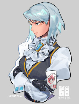 1girl ace_attorney ascot black_gloves black_vest blue_hair bow card closed_mouth crossed_arms franziska_von_karma from_side gloves grey_background highres holding holding_card juliet_sleeves long_sleeves mole mole_under_eye puffy_sleeves short_hair skyloop19 smile solo upper_body vest white_ascot white_bow
