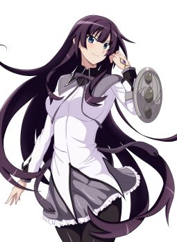 Rule 34 | 1girl, absurdres, akemi homura, akemi homura (cosplay), akemi homura (magical girl), black pantyhose, blue eyes, cosplay, grey skirt, highres, kakukakusan, long hair, looking at viewer, mahou shoujo madoka magica, monogatari (series), pantyhose, purple hair, saitou chiwa, senjougahara hitagi, shirt, skirt, smile, solo, very long hair, voice actor connection, white background, white shirt