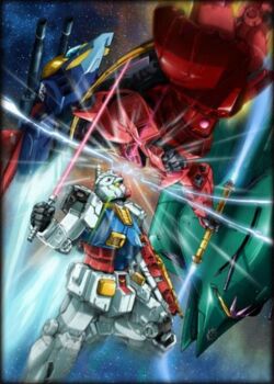 1990s_(style) artist_request battle beam_cannon beam_naginata duel elmeth energy_gun energy_sword g-fighter gelgoog_s_char_custom gundam machinery mecha mecha_focus mobile_suit mobile_suit_gundam nebula no_humans retro_artstyle robot rx-78-2_gundam scan scene_reference science_fiction shield space star_(sky) sword thrusters traditional_media v-fin weapon